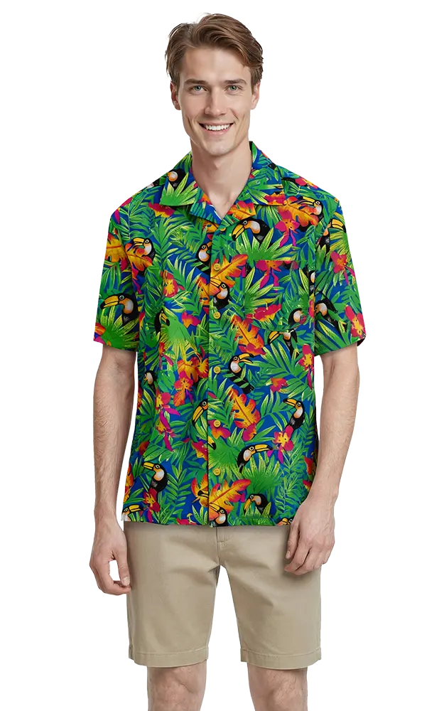 UNISEX TROPICAL PRINT CAMPSHIRT  -  TUCAN PRINT 2 EXTRA LARGE PRINT