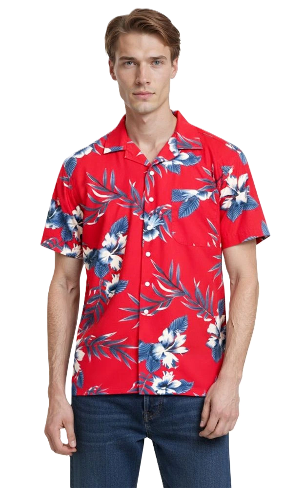 UNISEX TROPICAL PRINT CAMPSHIRT  -  HIBISCUS PRINT 2 EXTRA LARGE PRINT