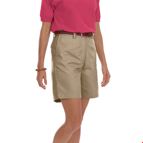 LADIES FLAT FRONT TEFLON TREATED TWILL SHORTS  -  KHAKI LENGTH 7 1/2 INCH WAIST 2