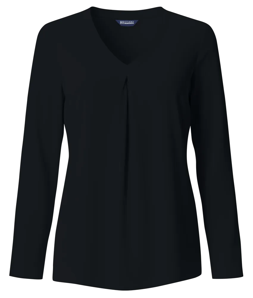 LADIES MATTE JERSEY PLEATED V-NECK - BLACK 2 EXTRA LARGE SOLID