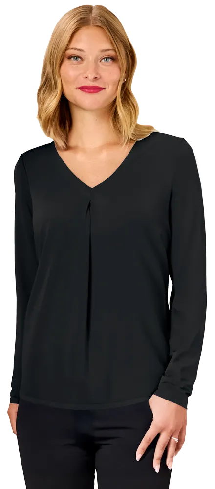 LADIES MATTE JERSEY PLEATED V-NECK - BLACK SMALL SOLID