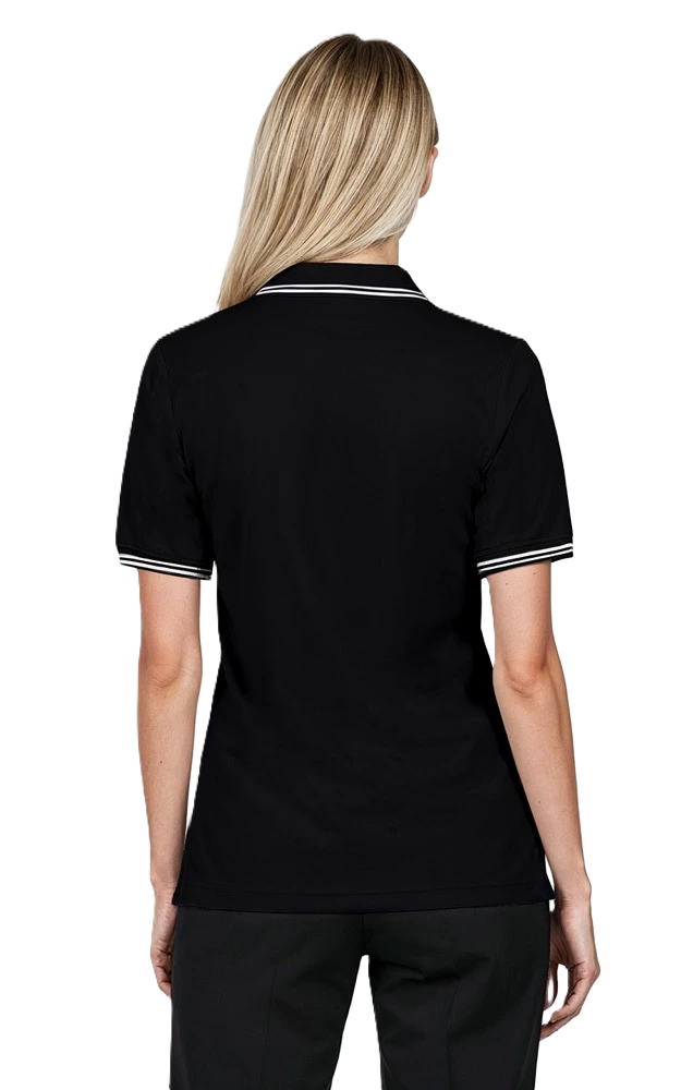 LADIES SHORT SLEEVE TIPPED COLLAR & CUFF PIQUES  -  BLACK 2 EXTRA LARGE TIPPED WHITE