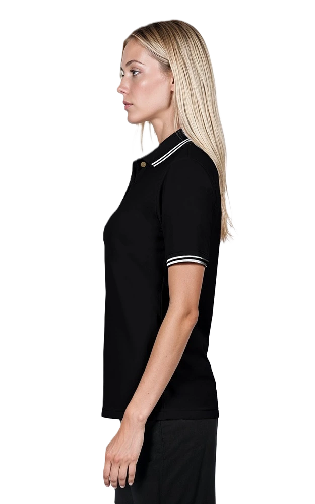 LADIES SHORT SLEEVE TIPPED COLLAR & CUFF PIQUES  -  BLACK 2 EXTRA LARGE TIPPED WHITE