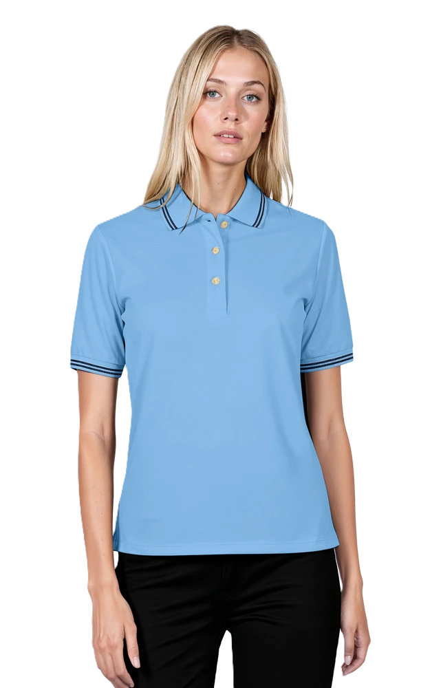 LADIES SHORT SLEEVE TIPPED COLLAR & CUFF PIQUES  -  LIGHT BLUE 2 EXTRA LARGE TIPPED NAVY