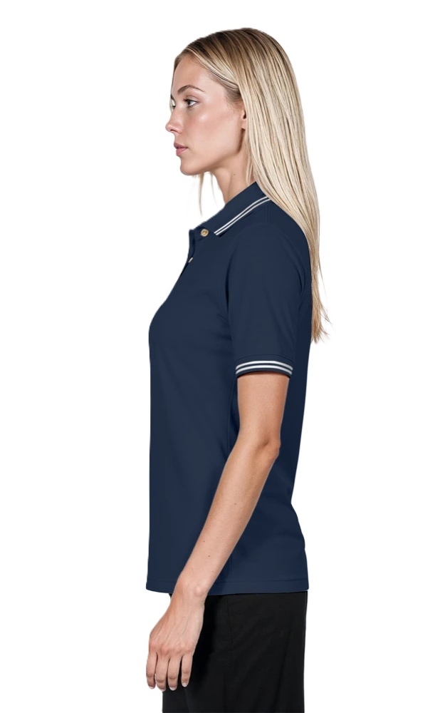LADIES SHORT SLEEVE TIPPED COLLAR & CUFF PIQUES  -  NAVY 2 EXTRA LARGE TIPPED IVORY