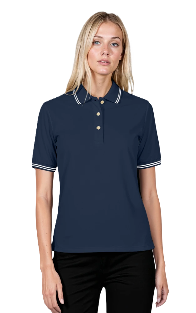 LADIES SHORT SLEEVE TIPPED COLLAR & CUFF PIQUES  -  NAVY 2 EXTRA LARGE TIPPED IVORY