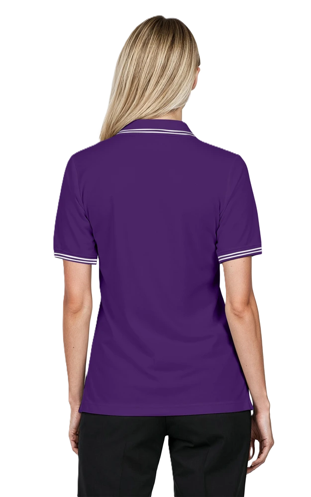 LADIES SHORT SLEEVE TIPPED COLLAR & CUFF PIQUES  -  PURPLE 2 EXTRA LARGE TIPPED IVORY