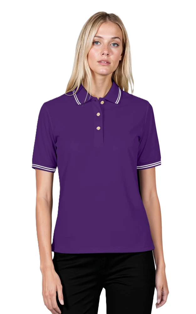 LADIES SHORT SLEEVE TIPPED COLLAR & CUFF PIQUES  -  PURPLE 2 EXTRA LARGE TIPPED IVORY