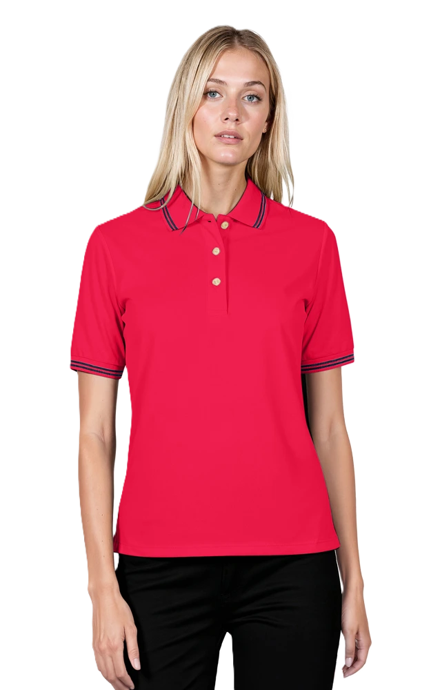 LADIES SHORT SLEEVE TIPPED COLLAR & CUFF PIQUES  -  RED 2 EXTRA LARGE TIPPED BLACK