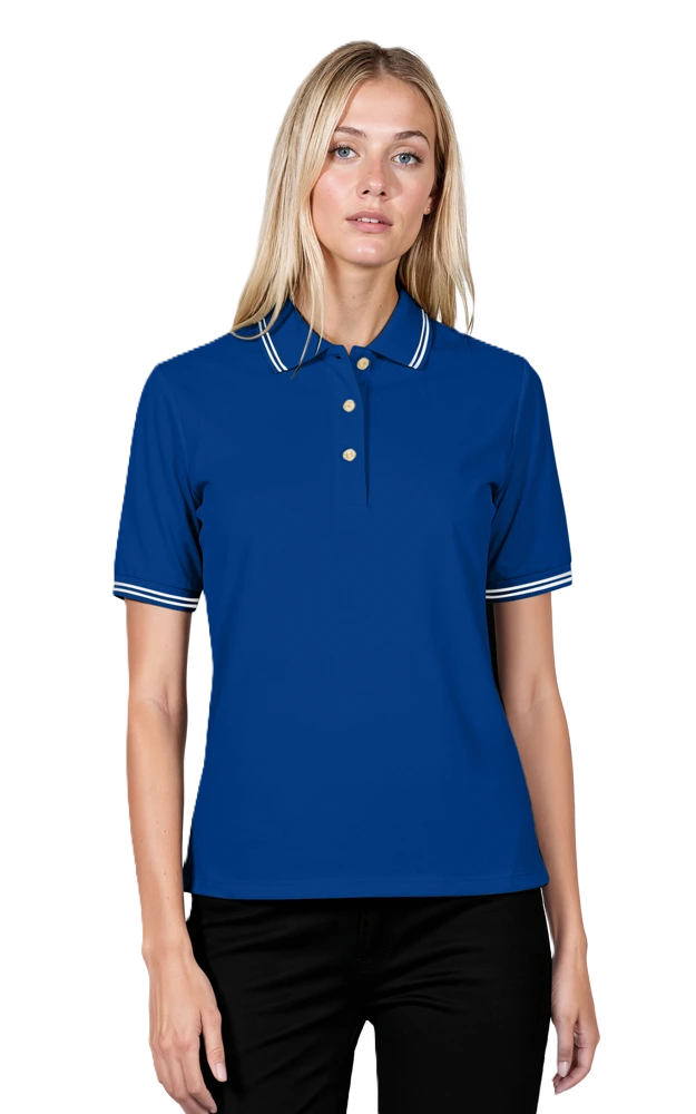 LADIES SHORT SLEEVE TIPPED COLLAR & CUFF PIQUES  -  ROYAL 2 EXTRA LARGE TIPPED WHITE