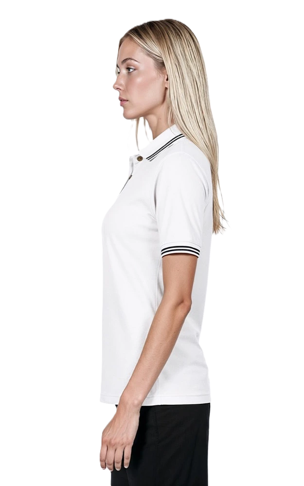 LADIES SHORT SLEEVE TIPPED COLLAR & CUFF PIQUES - WHITE 2 EXTRA LARGE TIPPED BLACK