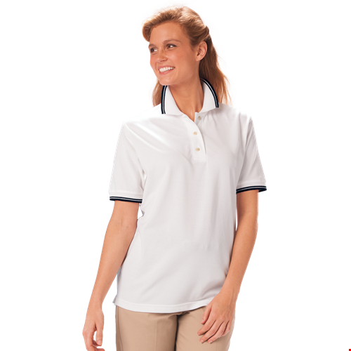 LADIES SHORT SLEEVE TIPPED COLLAR & CUFF PIQUES  -  WHITE 2 EXTRA LARGE TIPPED BLACK