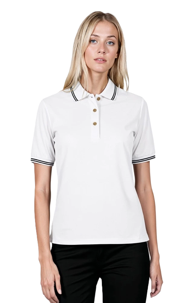 LADIES SHORT SLEEVE TIPPED COLLAR & CUFF PIQUES - WHITE 2 EXTRA LARGE TIPPED BLACK