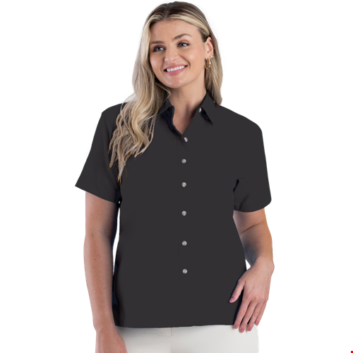 LADIES SHORT SLEEVE  EASY CARE POPLIN  -  BLACK 2 EXTRA LARGE SOLID