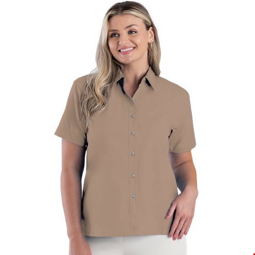 LADIES SHORT SLEEVE  EASY CARE POPLIN  -  TAN 2 EXTRA LARGE SOLID