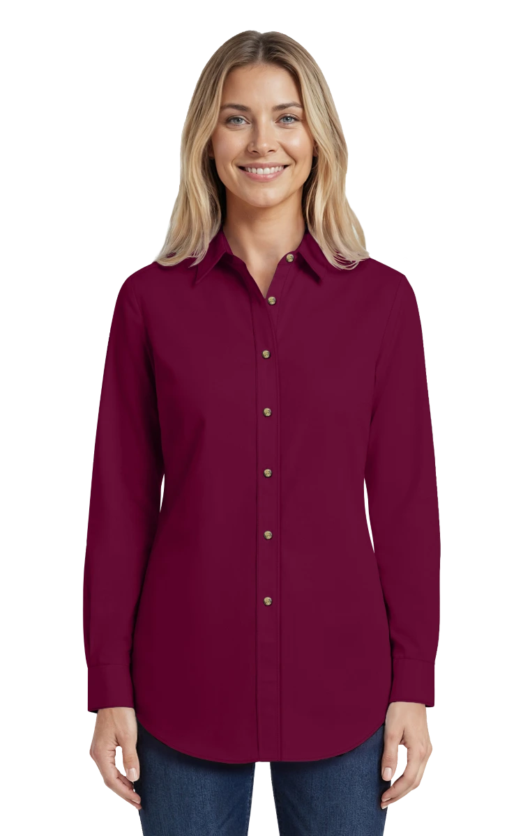 LADIES LONG SLEEVE SCOTCHGARD TWILL  -  BURGUNDY 3 EXTRA LARGE SOLID