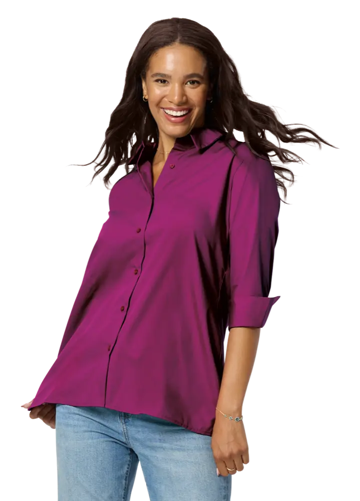 LADIES 3/4 SLEEVE EASY CARE POPLIN SWING BLOUSE/MATCHING BUTTONS   -  BERRY 2 EXTRA LARGE SOLID
