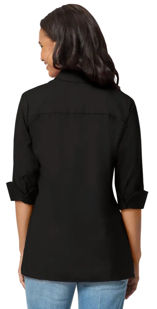LADIES 3/4 SLEEVE EASY CARE POPLIN SWING BLOUSE/MATCHING BUTTONS   -  BLACK 2 EXTRA LARGE SOLID