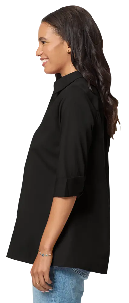 LADIES 3/4 SLEEVE EASY CARE POPLIN SWING BLOUSE/MATCHING BUTTONS   -  BLACK 2 EXTRA LARGE SOLID