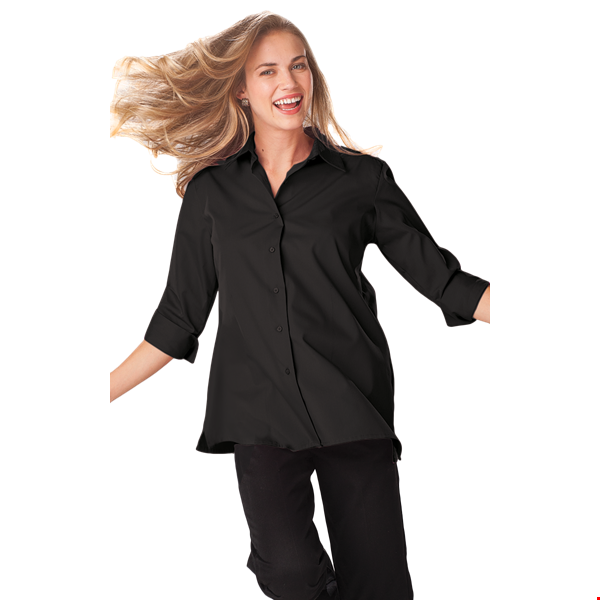 LADIES 3/4 SLEEVE EASY CARE POPLIN SWING BLOUSE/MATCHING BUTTONS   -  BLACK 2 EXTRA LARGE SOLID