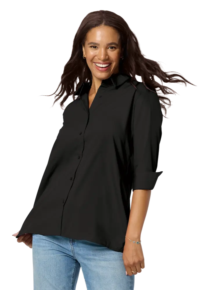 LADIES 3/4 SLEEVE EASY CARE POPLIN SWING BLOUSE/MATCHING BUTTONS   -  BLACK 2 EXTRA LARGE SOLID