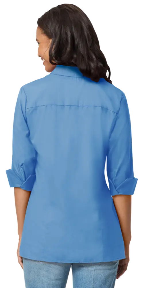 LADIES 3/4 SLEEVE EASY CARE POPLIN SWING BLOUSE/MATCHING BUTTONS   -  LIGHT BLUE 2 EXTRA LARGE SOLID