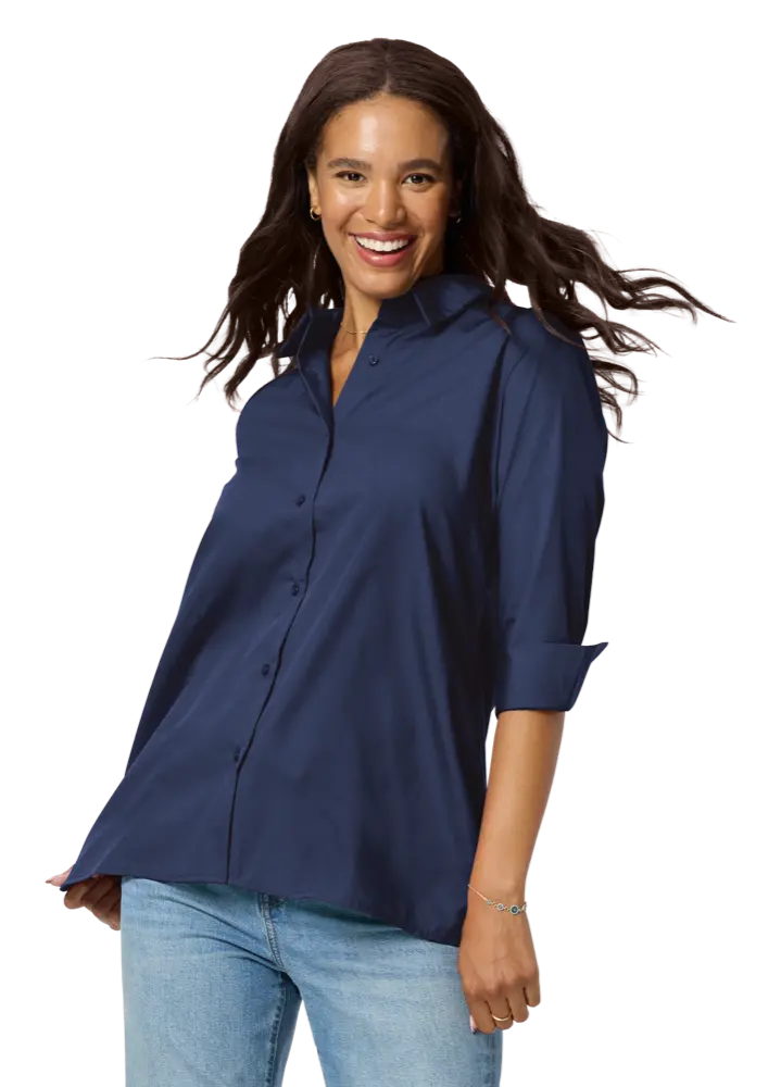 LADIES 3/4 SLEEVE EASY CARE POPLIN SWING BLOUSE/MATCHING BUTTONS   -  NAVY 2 EXTRA LARGE SOLID
