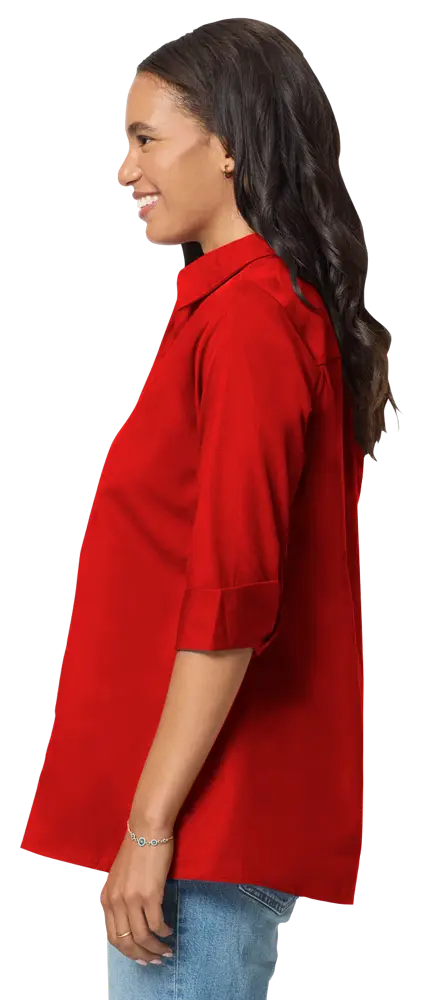 LADIES 3/4 SLEEVE EASY CARE POPLIN SWING BLOUSE/MATCHING BUTTONS   -  RED 2 EXTRA LARGE SOLID