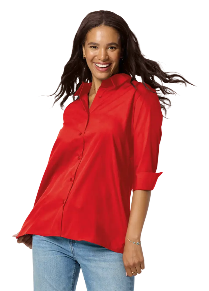 LADIES 3/4 SLEEVE EASY CARE POPLIN SWING BLOUSE/MATCHING BUTTONS   -  RED 2 EXTRA LARGE SOLID