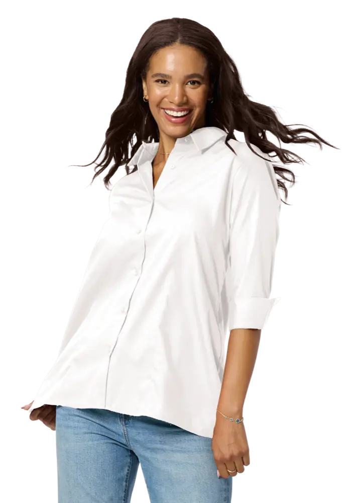 LADIES 3/4 SLEEVE EASY CARE POPLIN SWING BLOUSE/MATCHING BUTTONS   -  WHITE 2 EXTRA LARGE SOLID