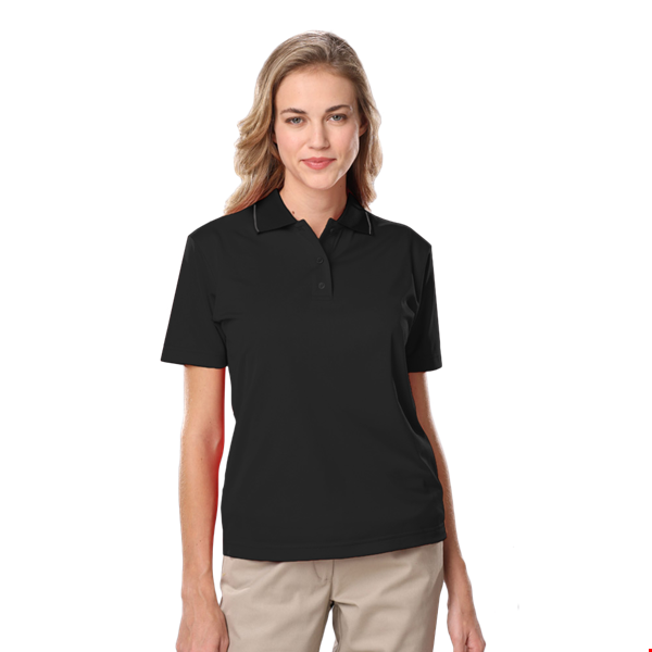 LADIES WICKING PIPED POLO  -  BLACK 2 EXTRA LARGE SOLID