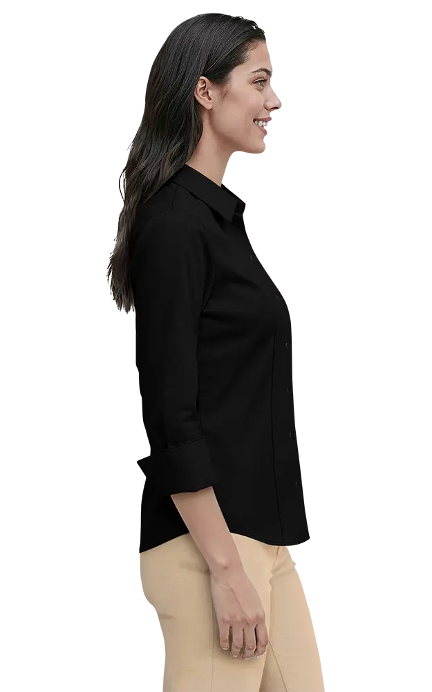 LADIES 3/4 SLEEVE PEACHED FINE LINE TWILL SHIRT  -  BLACK 2 EXTRA LARGE SOLID