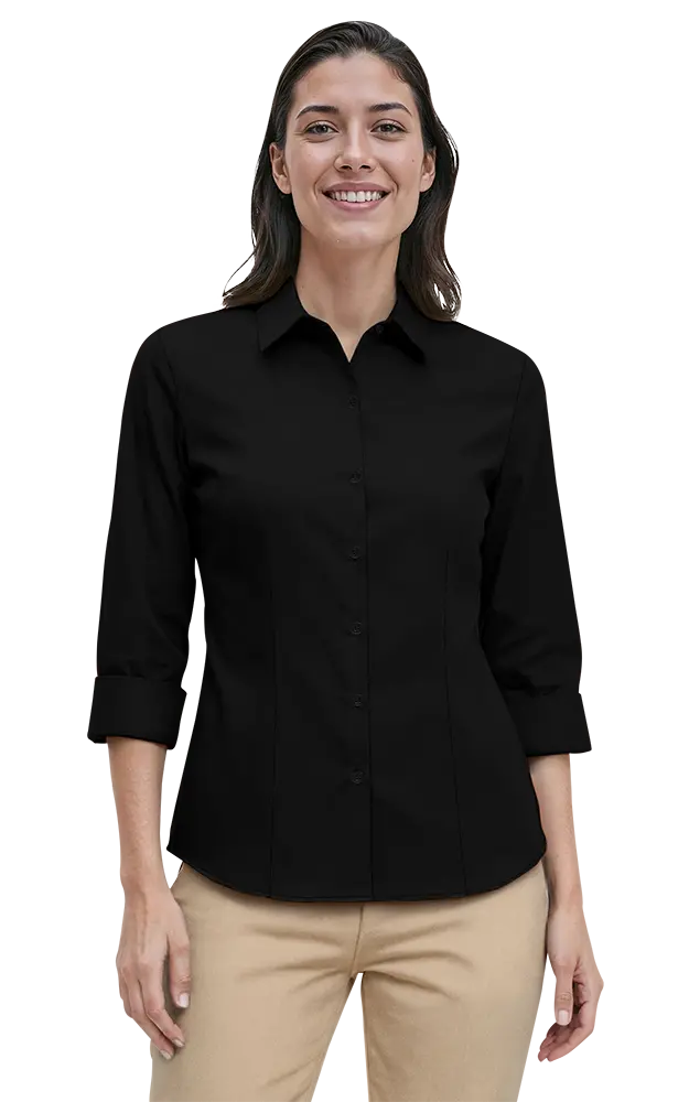 LADIES 3/4 SLEEVE PEACHED FINE LINE TWILL SHIRT  -  BLACK 2 EXTRA LARGE SOLID