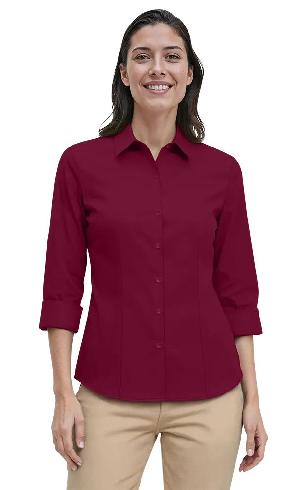 LADIES 3/4 SLEEVE PEACHED FINE LINE TWILL SHIRT  -  BURGUNDY 2 EXTRA LARGE SOLID