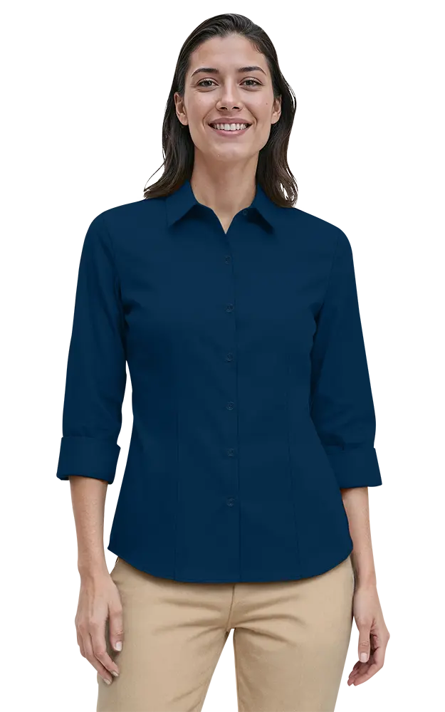 LADIES 3/4 SLEEVE PEACHED FINE LINE TWILL SHIRT  -  NAVY 2 EXTRA LARGE SOLID