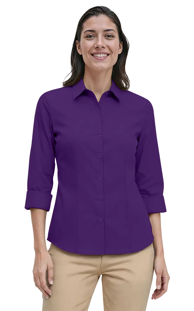 LADIES 3/4 SLEEVE PEACHED FINE LINE TWILL SHIRT  -  PURPLE 2 EXTRA LARGE SOLID
