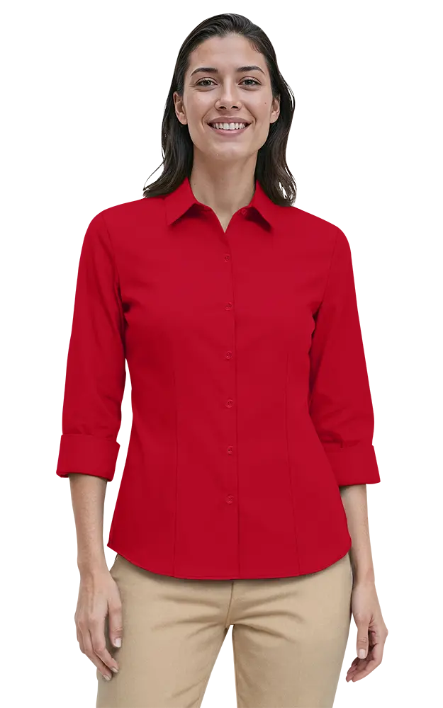 LADIES 3/4 SLEEVE PEACHED FINE LINE TWILL SHIRT  -  RED 2 EXTRA LARGE SOLID