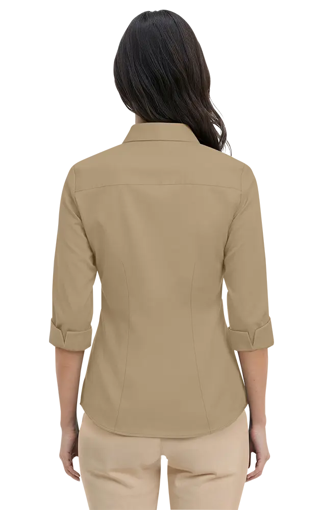 LADIES 3/4 SLEEVE PEACHED FINE LINE TWILL SHIRT  -  TAN 2 EXTRA LARGE SOLID