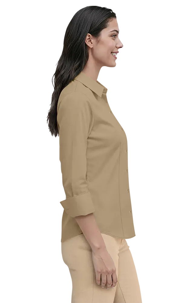 LADIES 3/4 SLEEVE PEACHED FINE LINE TWILL SHIRT  -  TAN 2 EXTRA LARGE SOLID