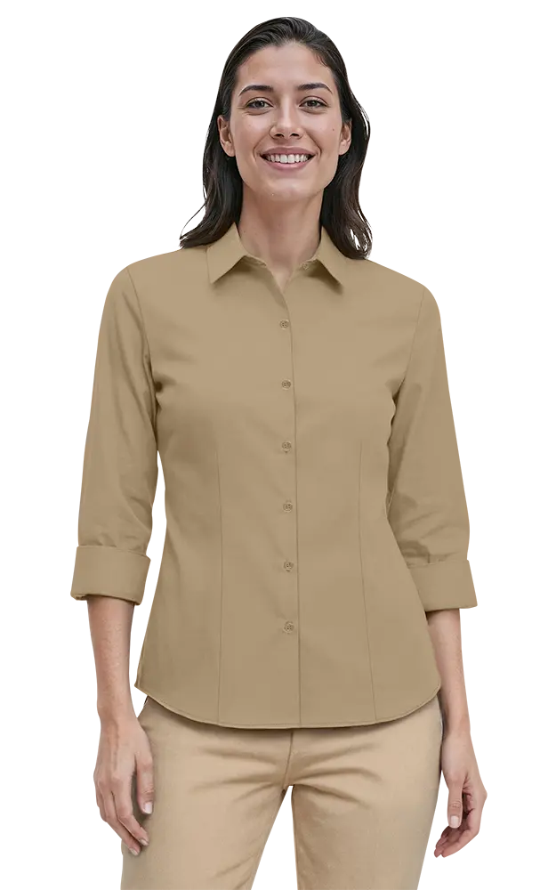 LADIES 3/4 SLEEVE PEACHED FINE LINE TWILL SHIRT  -  TAN 2 EXTRA LARGE SOLID