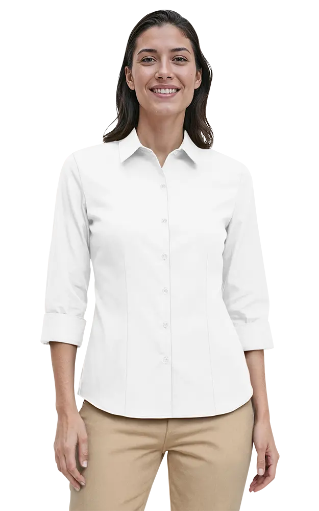 LADIES 3/4 SLEEVE PEACHED FINE LINE TWILL SHIRT  -  WHITE 2 EXTRA LARGE SOLID