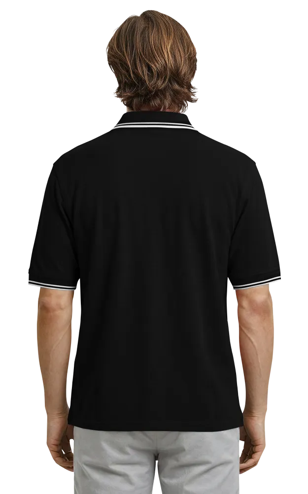 MENS SHORT SLEEVE TIPPED COLLAR & CUFF PIQUES  -  BLACK 2 EXTRA LARGE TIPPED WHITE