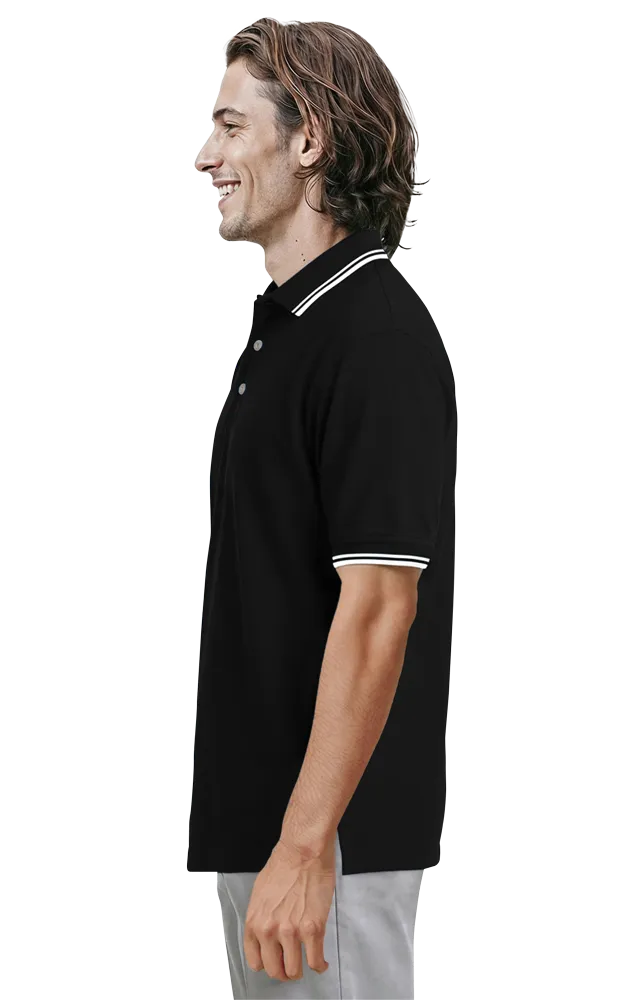 MENS SHORT SLEEVE TIPPED COLLAR & CUFF PIQUES  -  BLACK 2 EXTRA LARGE TIPPED WHITE
