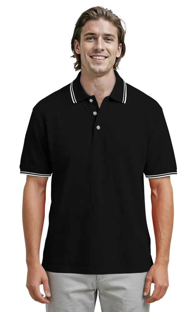 MENS SHORT SLEEVE TIPPED COLLAR & CUFF PIQUES  -  BLACK 2 EXTRA LARGE TIPPED WHITE