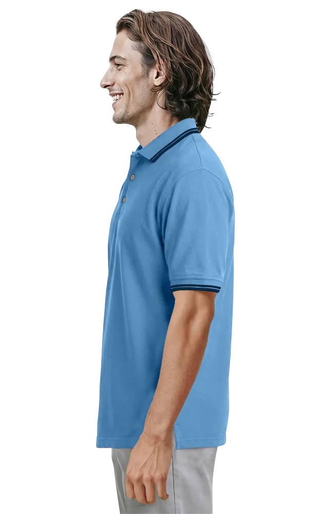 MENS SHORT SLEEVE TIPPED COLLAR & CUFF PIQUES  -  LIGHT BLUE 2 EXTRA LARGE TIPPED NAVY