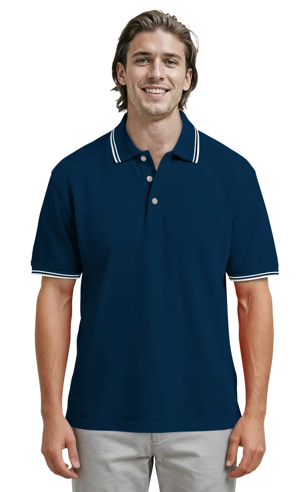 MENS SHORT SLEEVE TIPPED COLLAR & CUFF PIQUES  -  NAVY 2 EXTRA LARGE TIPPED IVORY