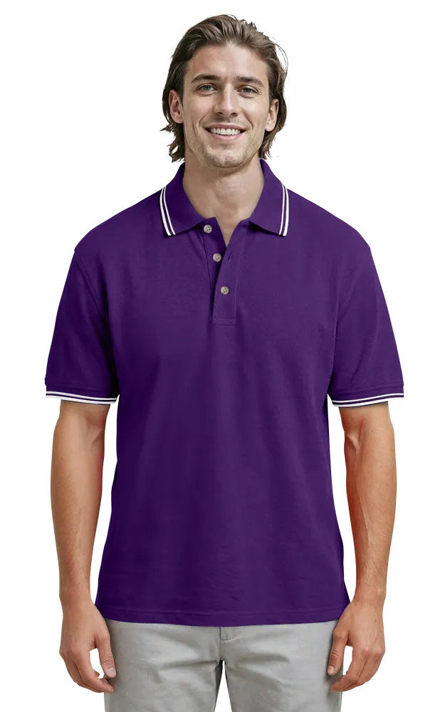 MENS SHORT SLEEVE TIPPED COLLAR & CUFF PIQUES  -  PURPLE 2 EXTRA LARGE TIPPED IVORY