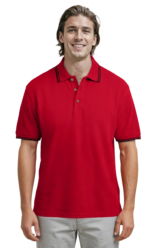 MENS SHORT SLEEVE TIPPED COLLAR & CUFF PIQUES  -  RED 2 EXTRA LARGE TIPPED BLACK