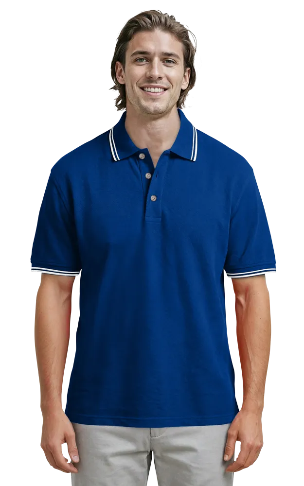 MENS SHORT SLEEVE TIPPED COLLAR & CUFF PIQUES  -  ROYAL 2 EXTRA LARGE TIPPED WHITE