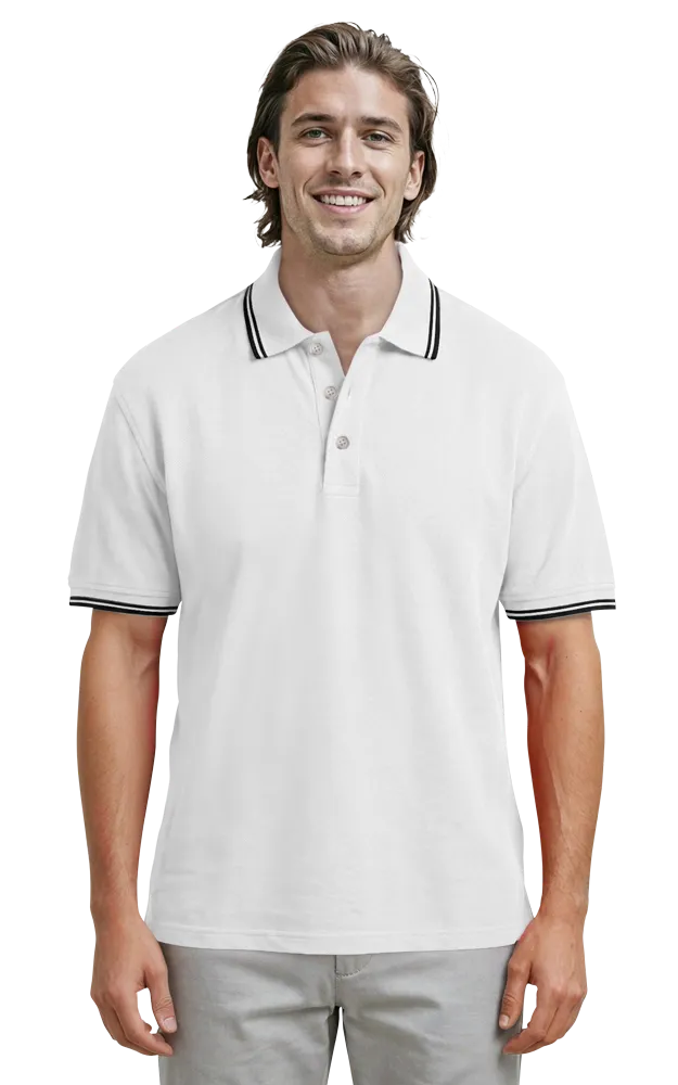 MENS SHORT SLEEVE TIPPED COLLAR & CUFF PIQUES  -  WHITE 2 EXTRA LARGE TIPPED BLACK